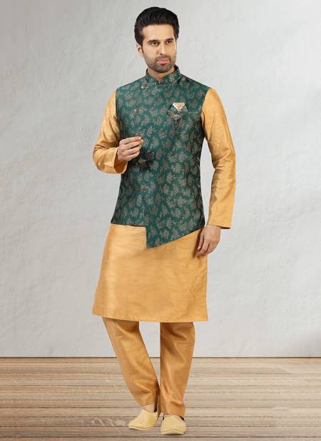 Green Colour Latest Party Wear Jacquard Banarasi Silk Digital Print Kurta Pajama With Jacket Mens Collection 1052